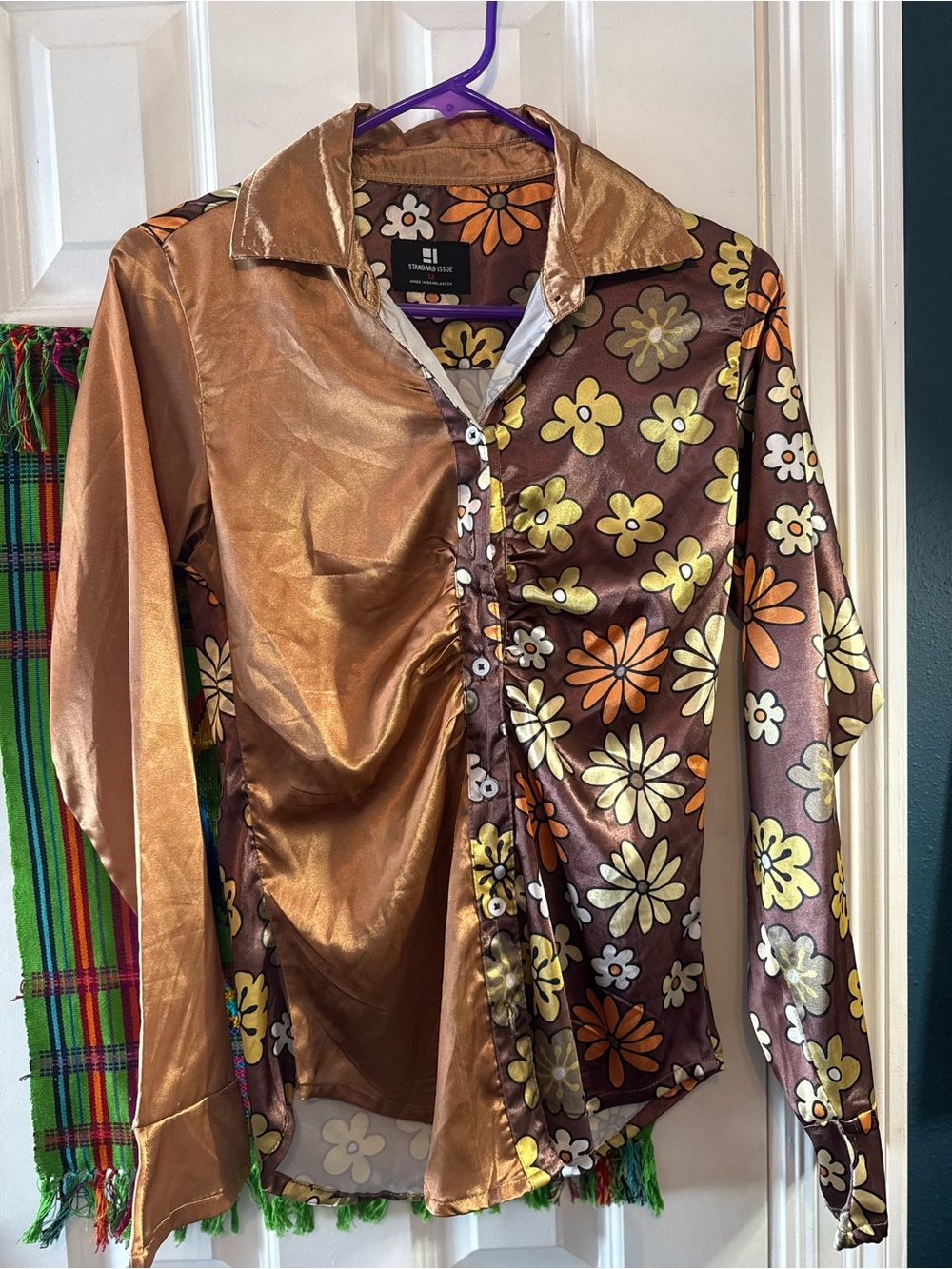 Vintage-Inspired Brown Floral Satin Button-Up Shirt